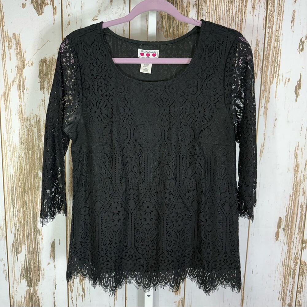 Three Pink Hearts, Black Lace Blouse. Size Large. In excellent used condition!